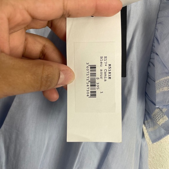 Sandro Paris Light Blue Smocked Waist Ruffle Sleeve Midi Dress Size 1 - Picture 3 of 10